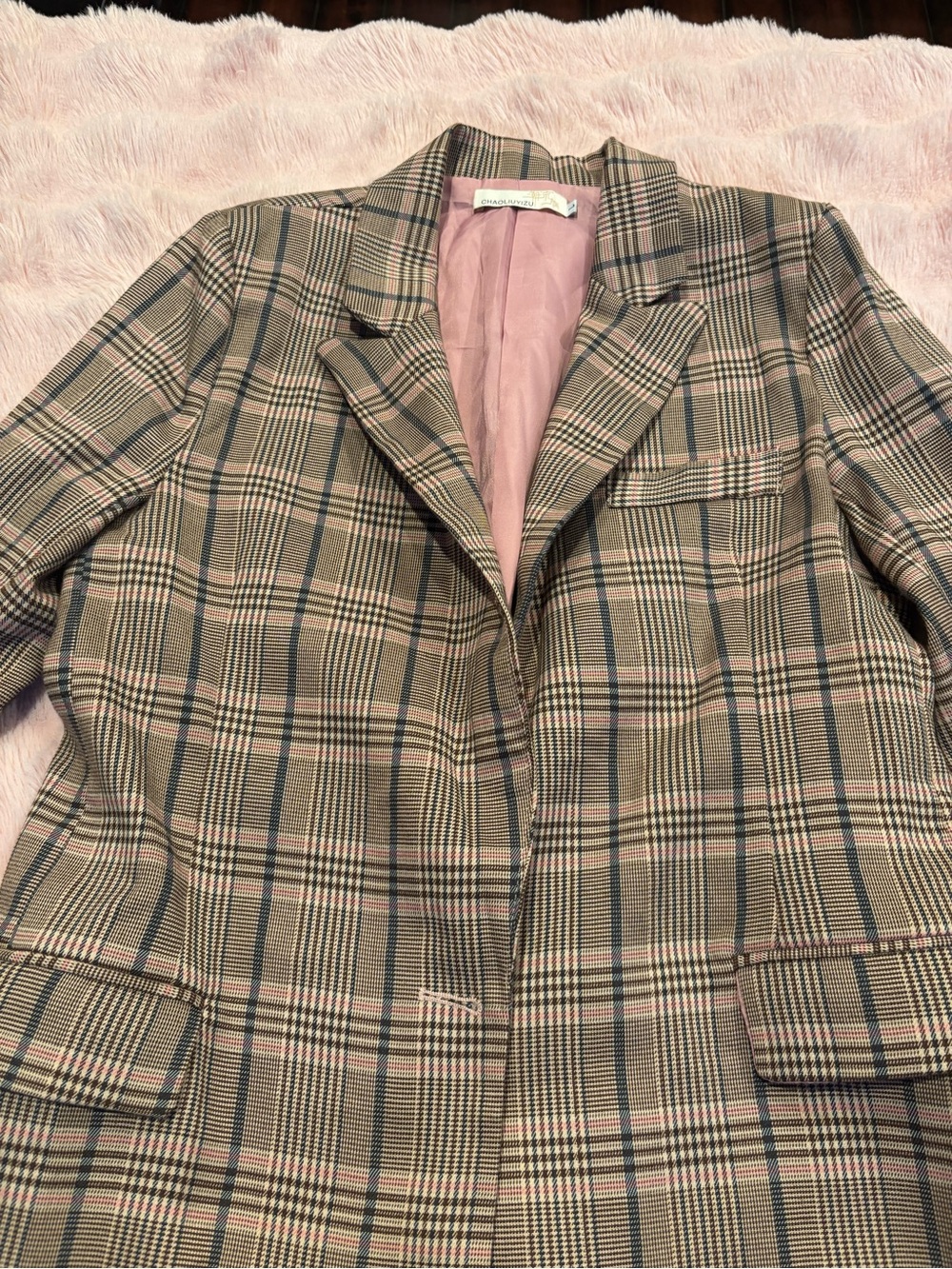 Plaid Blazer Jacket with Pink Lining